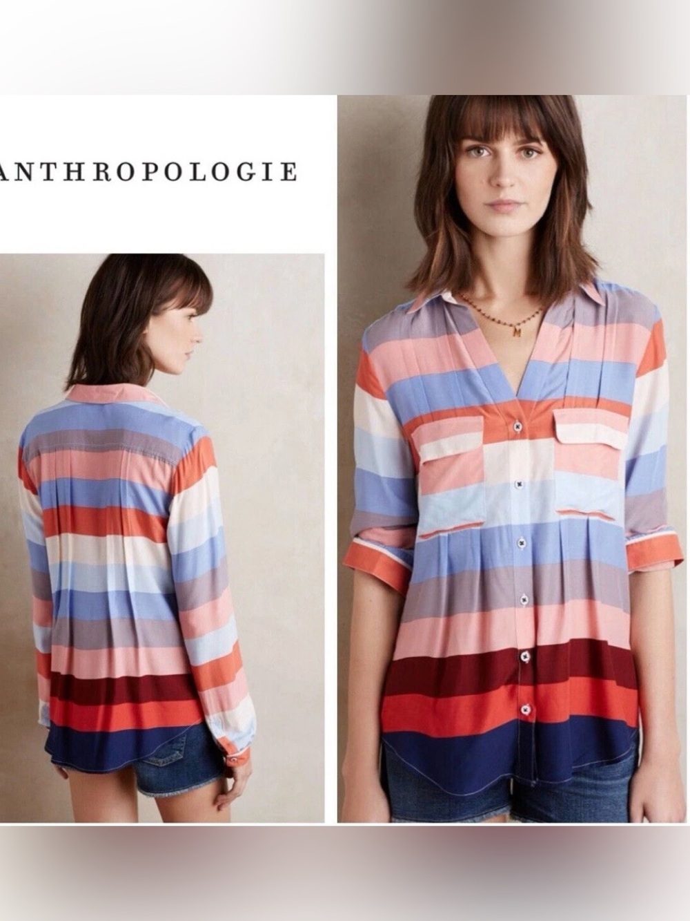Maeve Anthropologie Wynwood Horizontal Multi-Color Stripe Button-Down Shirt